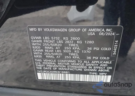 2024 Volkswagen Atlas 2.0T Se W/Technology z USA, uszkodzony, nr VIN 1V2JR2CAXRC616681